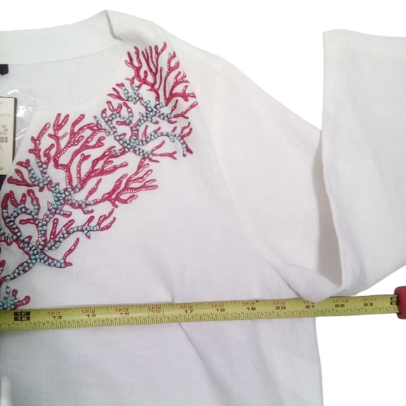 Talbots Women's Beaded V Neck Coral Tree Tunic Breezy 3/4 Sleeve Linen Dress S, - Picture 5 of 8